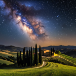 **

Prompt: A breathtaking view of the Milky Way arching over the rolling hills of Tuscany, Italy. An agriturismo with warm, inviting lights glows softly in the foreground. The night sky is filled with countless stars. Capture the feeling of awe and wonder. Dark Sky location, astrotourism.

**