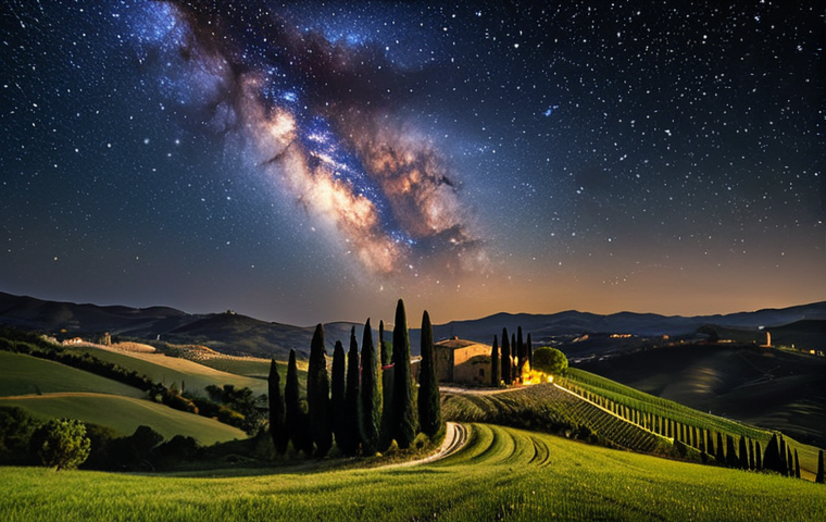 **

Prompt: A breathtaking view of the Milky Way arching over the rolling hills of Tuscany, Italy. An agriturismo with warm, inviting lights glows softly in the foreground. The night sky is filled with countless stars. Capture the feeling of awe and wonder. Dark Sky location, astrotourism.

**