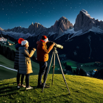 Home 8 **
"A group of friends, fully clothed in warm jackets and hats, are gathered around a telescope on a grassy hilltop in the Dolomites at night. The sky is filled with stars. In the background, a charming Italian mountain village glows softly. Safe for work, appropriate content, professional photography, perfect anatomy, natural proportions, modest clothing, family-friendly scene."
**