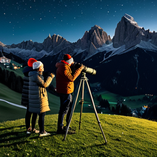 Home 6 **
"A group of friends, fully clothed in warm jackets and hats, are gathered around a telescope on a grassy hilltop in the Dolomites at night. The sky is filled with stars. In the background, a charming Italian mountain village glows softly. Safe for work, appropriate content, professional photography, perfect anatomy, natural proportions, modest clothing, family-friendly scene."
**