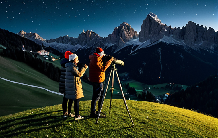 **
"A group of friends, fully clothed in warm jackets and hats, are gathered around a telescope on a grassy hilltop in the Dolomites at night. The sky is filled with stars. In the background, a charming Italian mountain village glows softly. Safe for work, appropriate content, professional photography, perfect anatomy, natural proportions, modest clothing, family-friendly scene."
**
