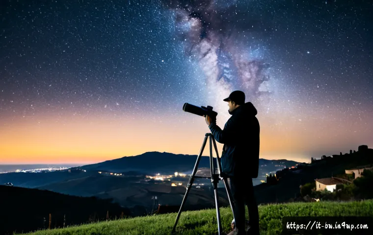 Home 13 별자리 관측을 위한 앱 추천 - Photorealistic nighttime scene on a quiet Italian hillside near Tuscany, an adult amateur astronomer...